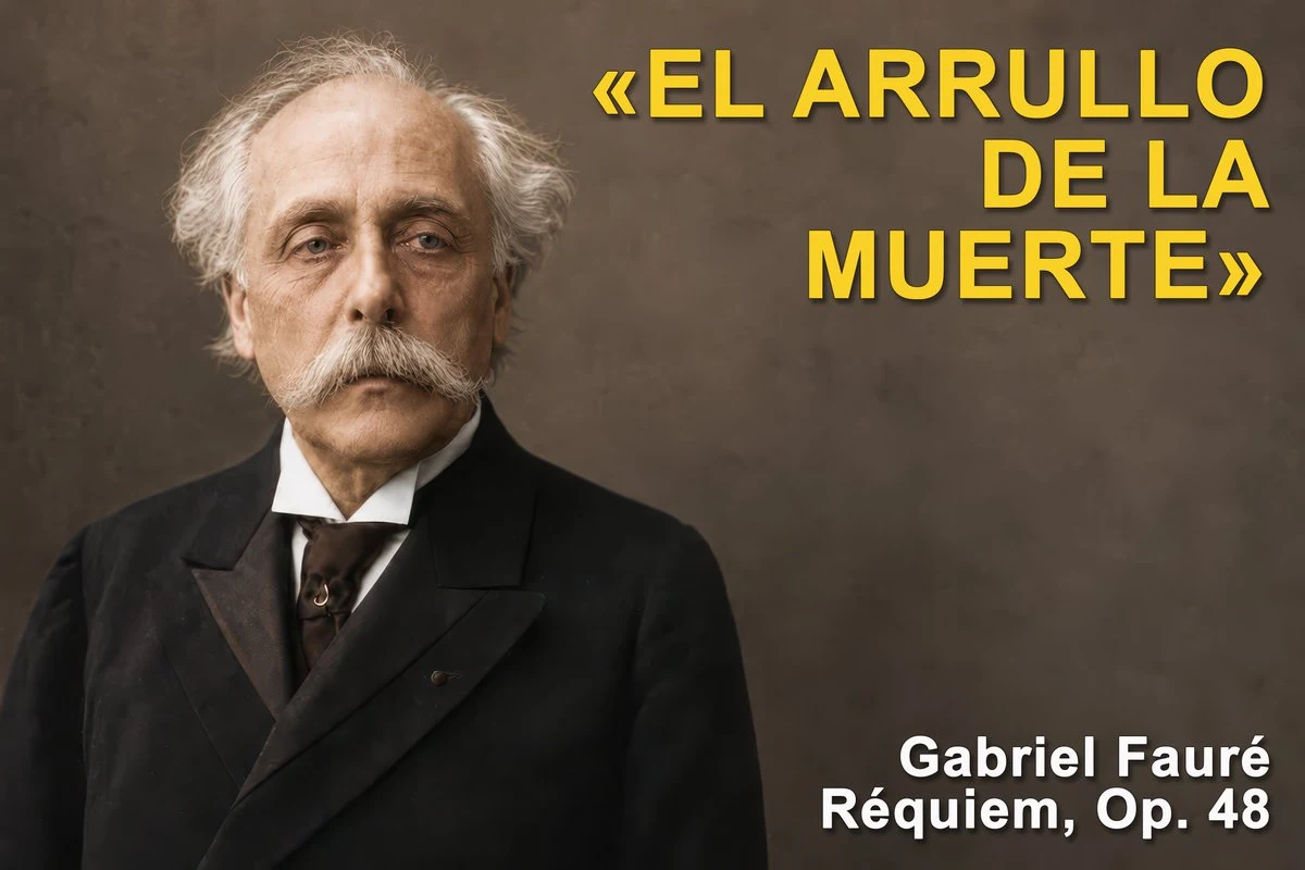 YouTube essay thumbnail for Gabriel Fauré Requiem with classical music mood, elegant typography, and scholarly visual tone.