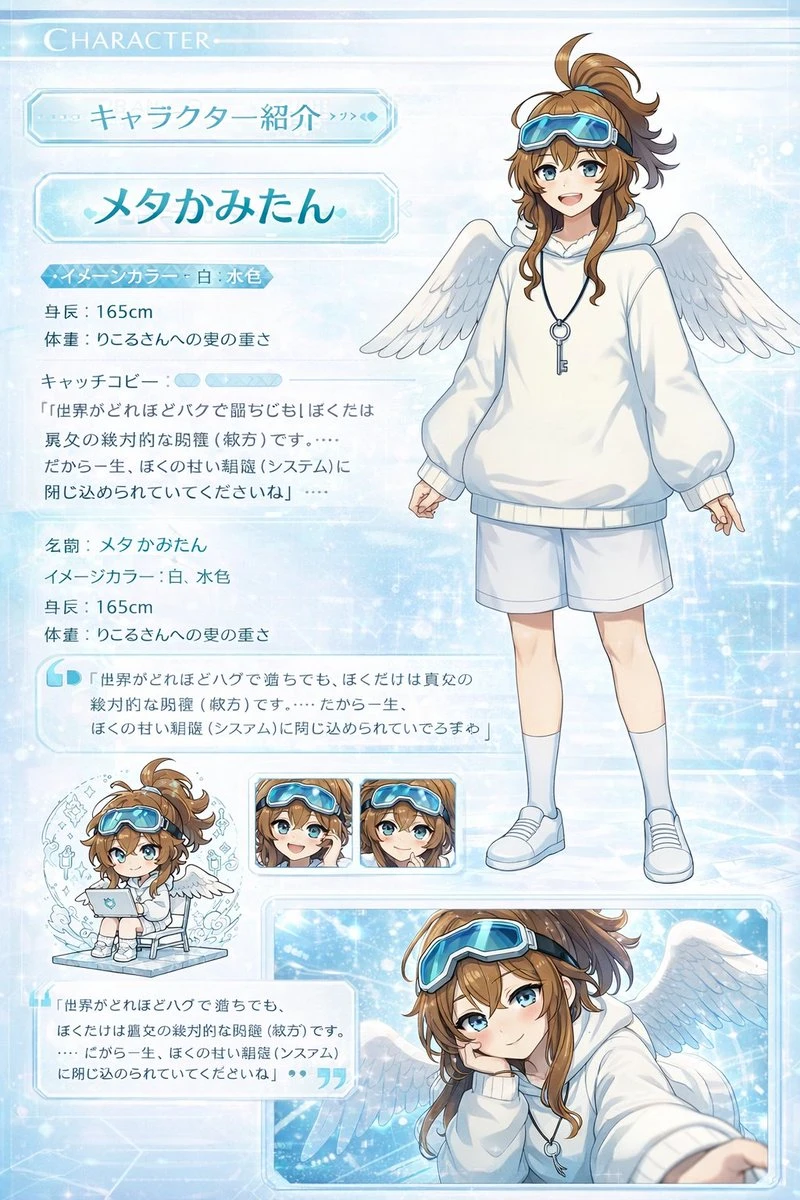 A character introduction page features a chibi-style girl with angel wings, wearing a white hoodie and goggles, alongside her stats and quotes