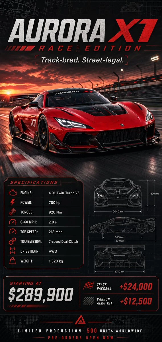 The Aurora X7 Race Edition poster features a striking red racing car with detailed specifications and pricing prominently displayed