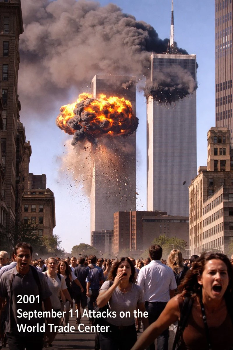 The World Trade Center towers are hit by an explosion as crowds flee during the September 11 attacks in 2001.