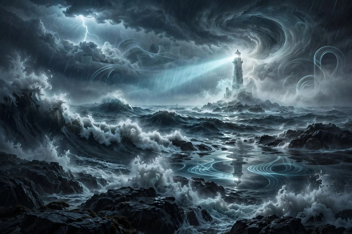 Ghostly Lighthouse Storm Seascape with character-focused concept art, game-ready styling and detailed fantasy design
