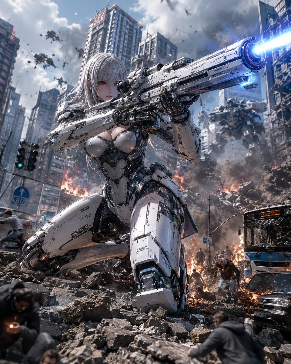 Giant robot intercepting an airborne threat in a dynamic sci-fi battle scene