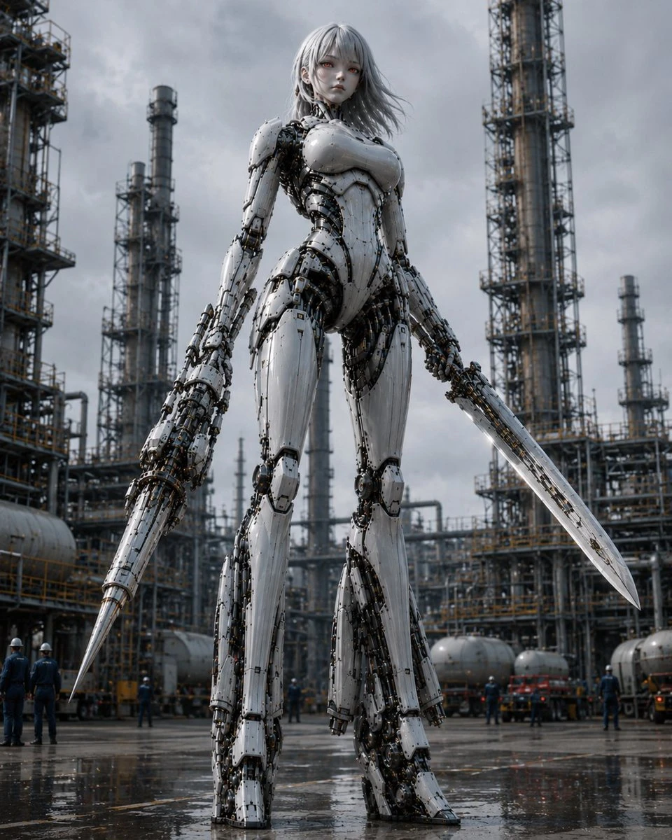 Giant silver weaponized robot standing in an industrial refinery with pipes, towers and overcast light