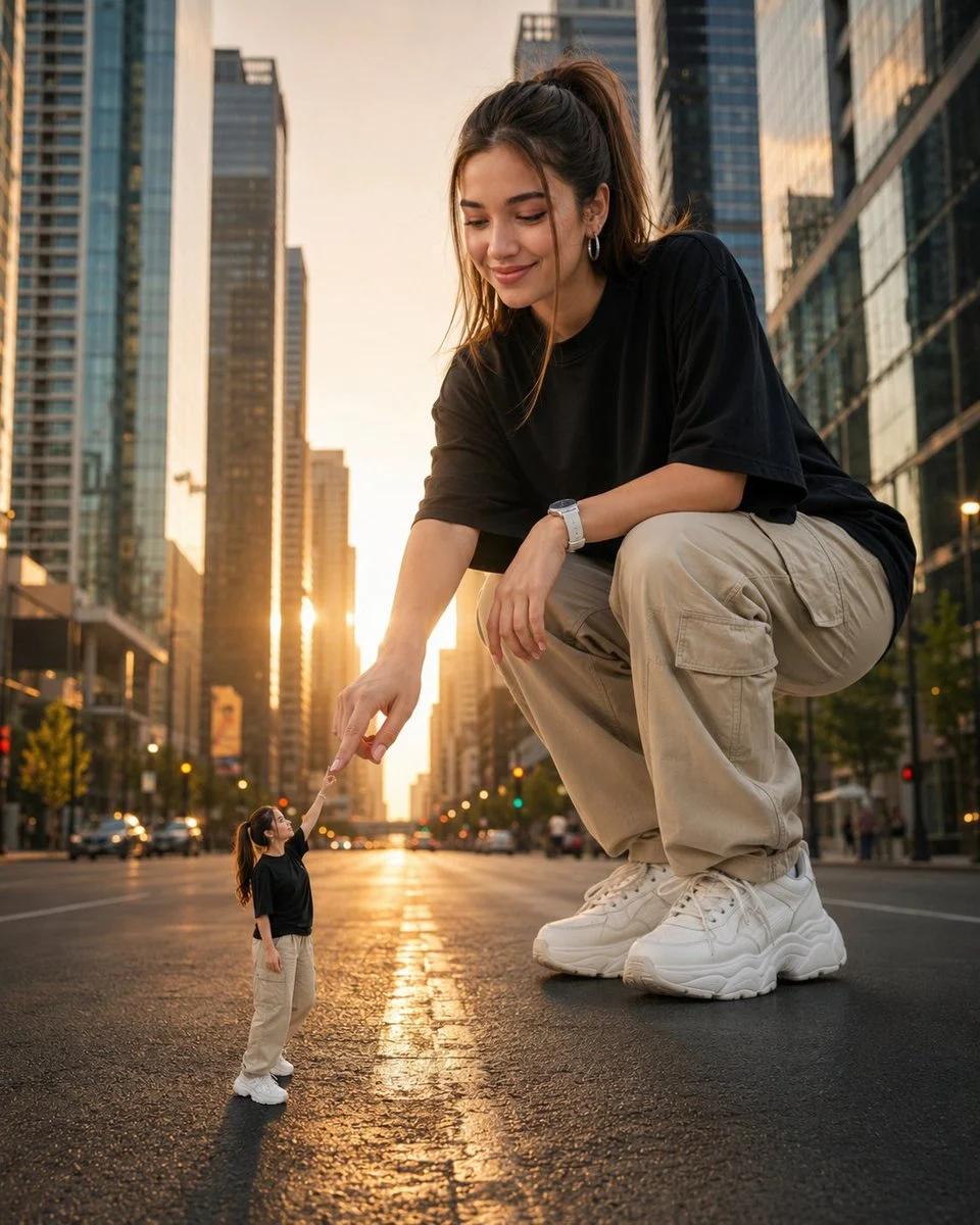 Forced-perspective street photo of a giant woman towering above city pedestrians