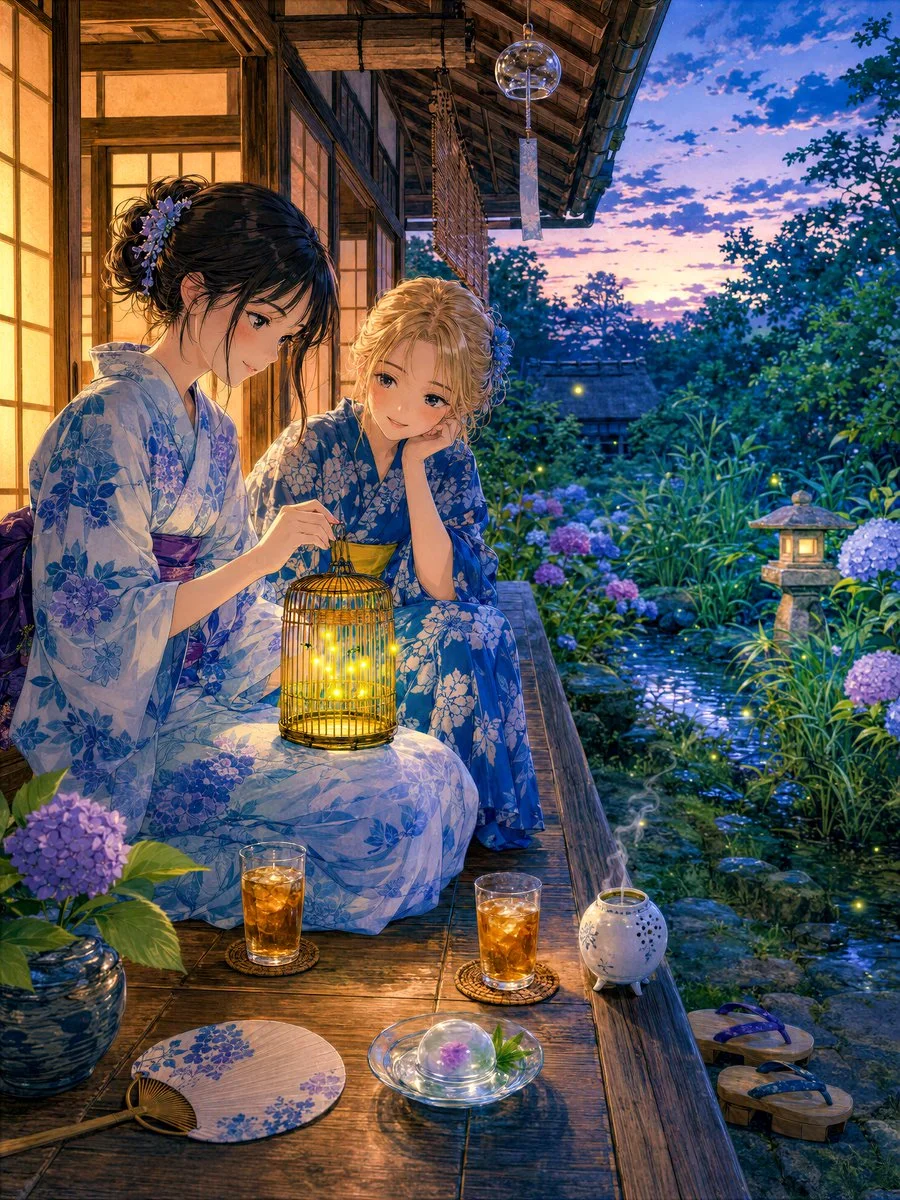 Girl and friend watching fireflies in a small cage on a traditional Japanese summer veranda with warm nostalgic evening light