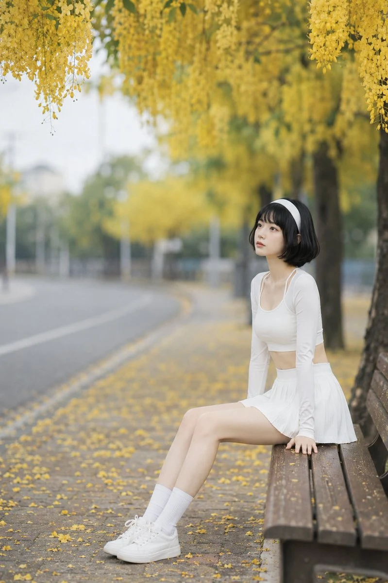 Golden flower avenue portrait with bright yellow blossoms, soft daylight, and polished lifestyle fashion framing