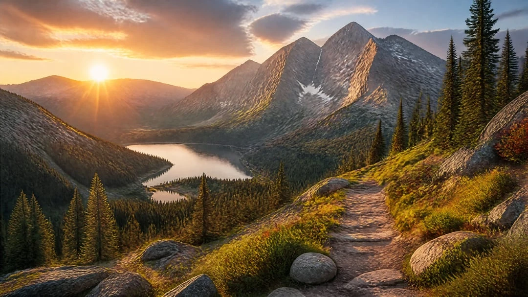 Golden-hour alpine trail landscape with winding mountain path, rugged rocks, wild vegetation, and warm photorealistic light.