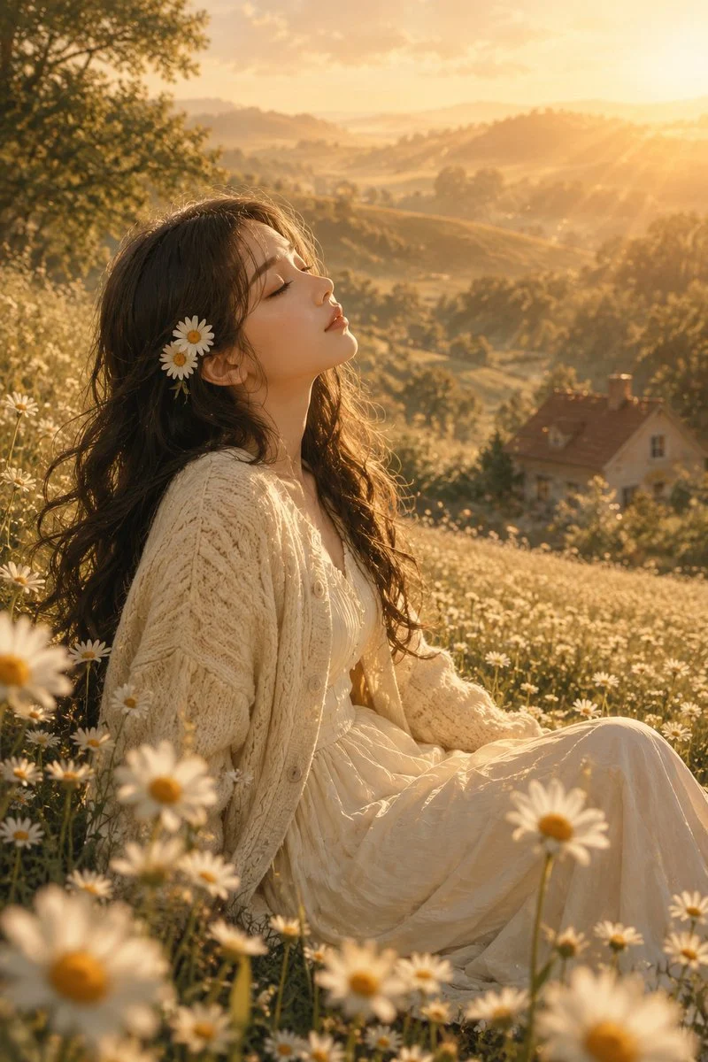 Serene golden-hour portrait of a woman sitting in a daisy meadow with painterly anime-realism