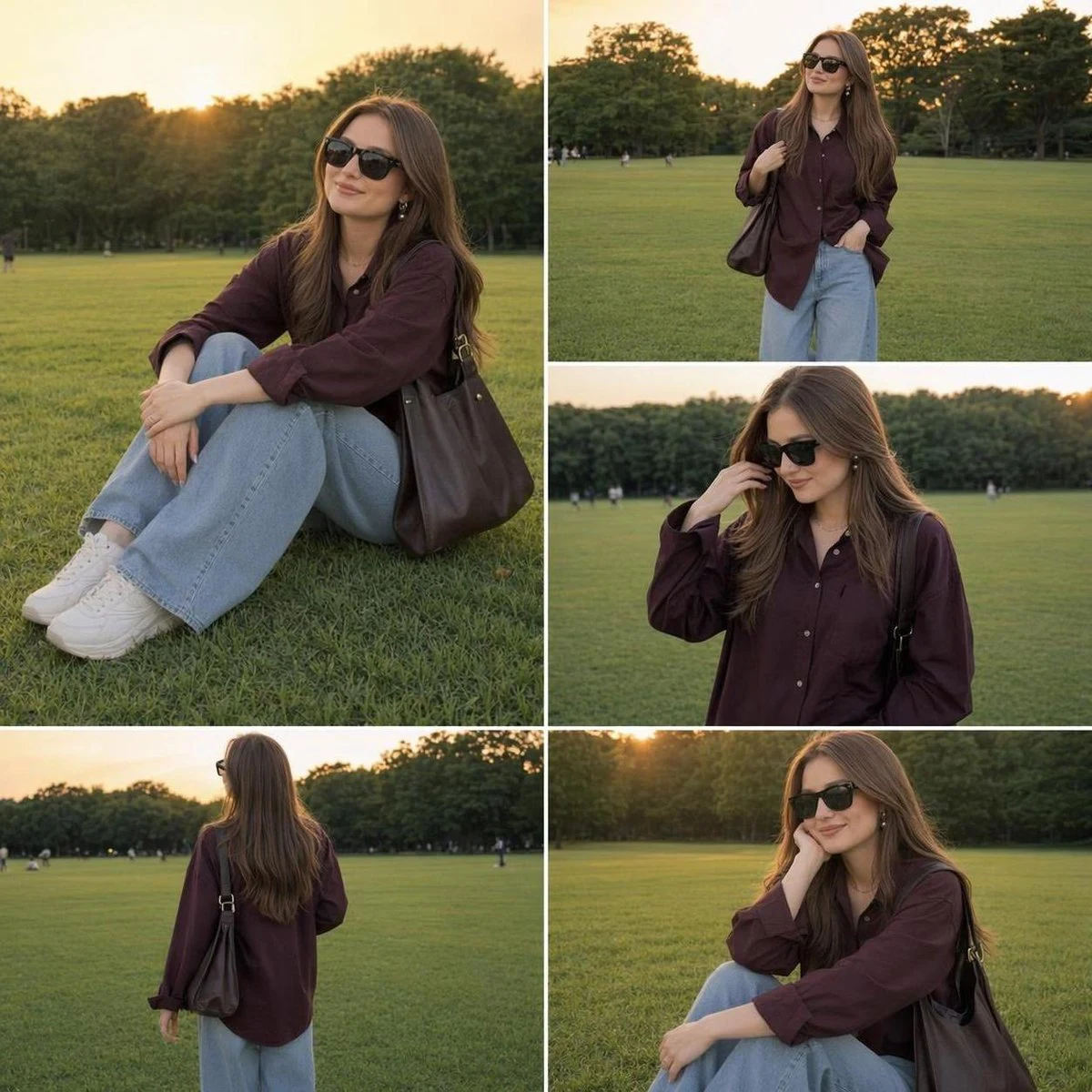 Golden-hour fashion collage in a green park with candid outfit moments and warm editorial lifestyle styling