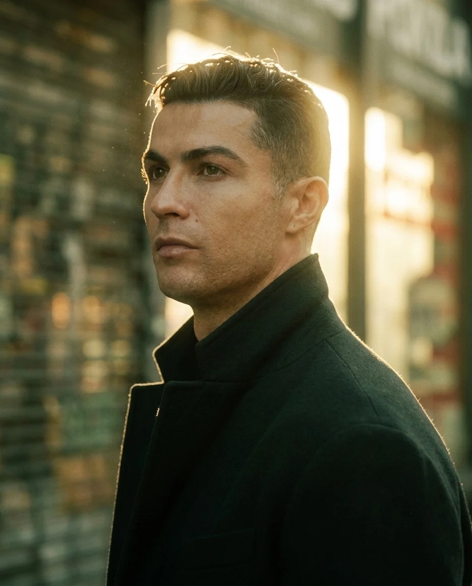 Golden Hour Footballer Editorial: A cinematic, high-fashion editorial prompt for a professional athlete portrait set in a modern urban environment...