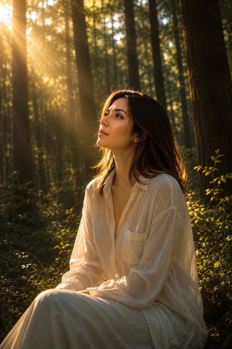 A golden-hour forest portrait of a young woman sitting in pine trees with warm sunbeams, soft shadows, and cinematic depth