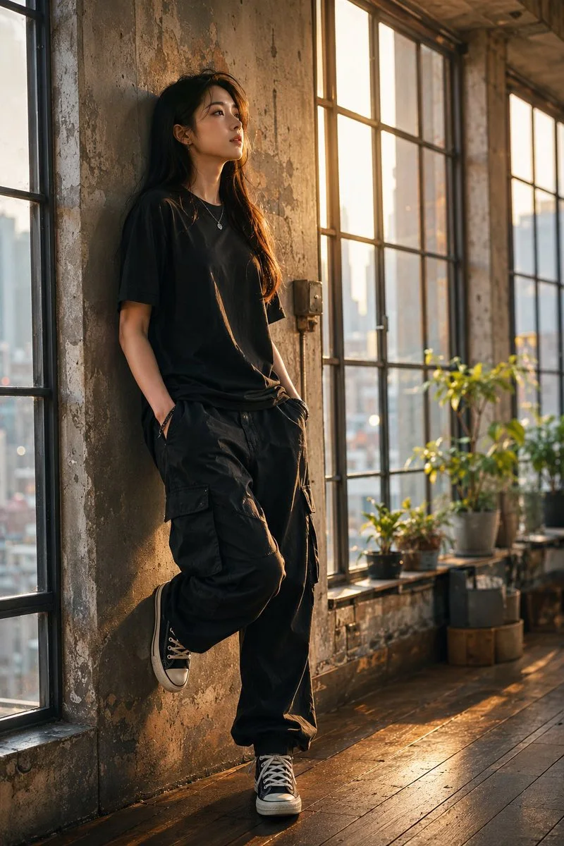 A young woman in an oversized black outfit leans against a weathered wall in an industrial loft, gazing thoughtfully out of glowing windows.