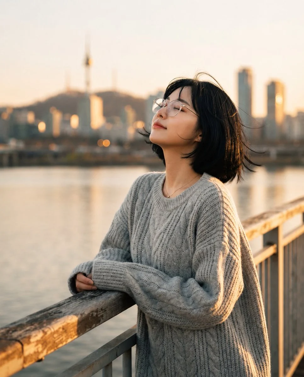 Golden-hour portrait of a woman beside a calm riverside promenade