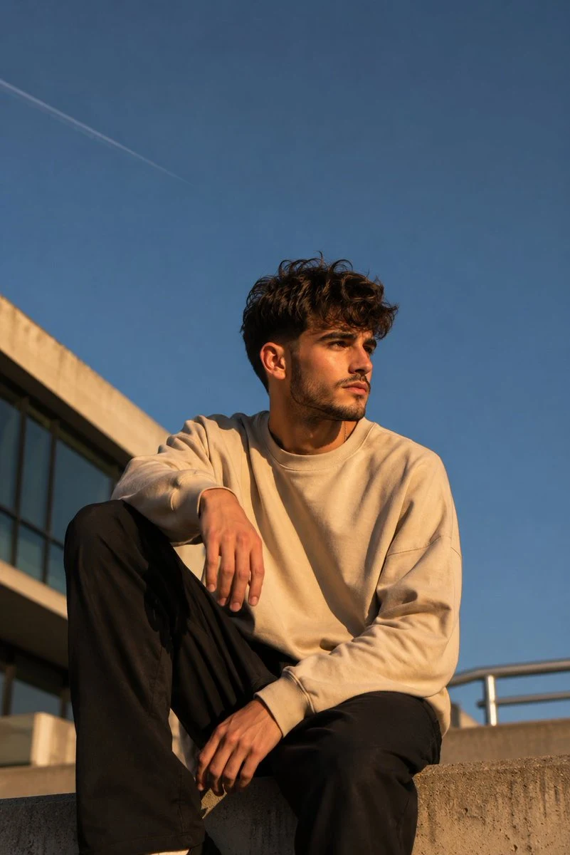 Golden-hour rooftop lifestyle portrait of a stylish young man seated against a wide sky with warm cinematic light.