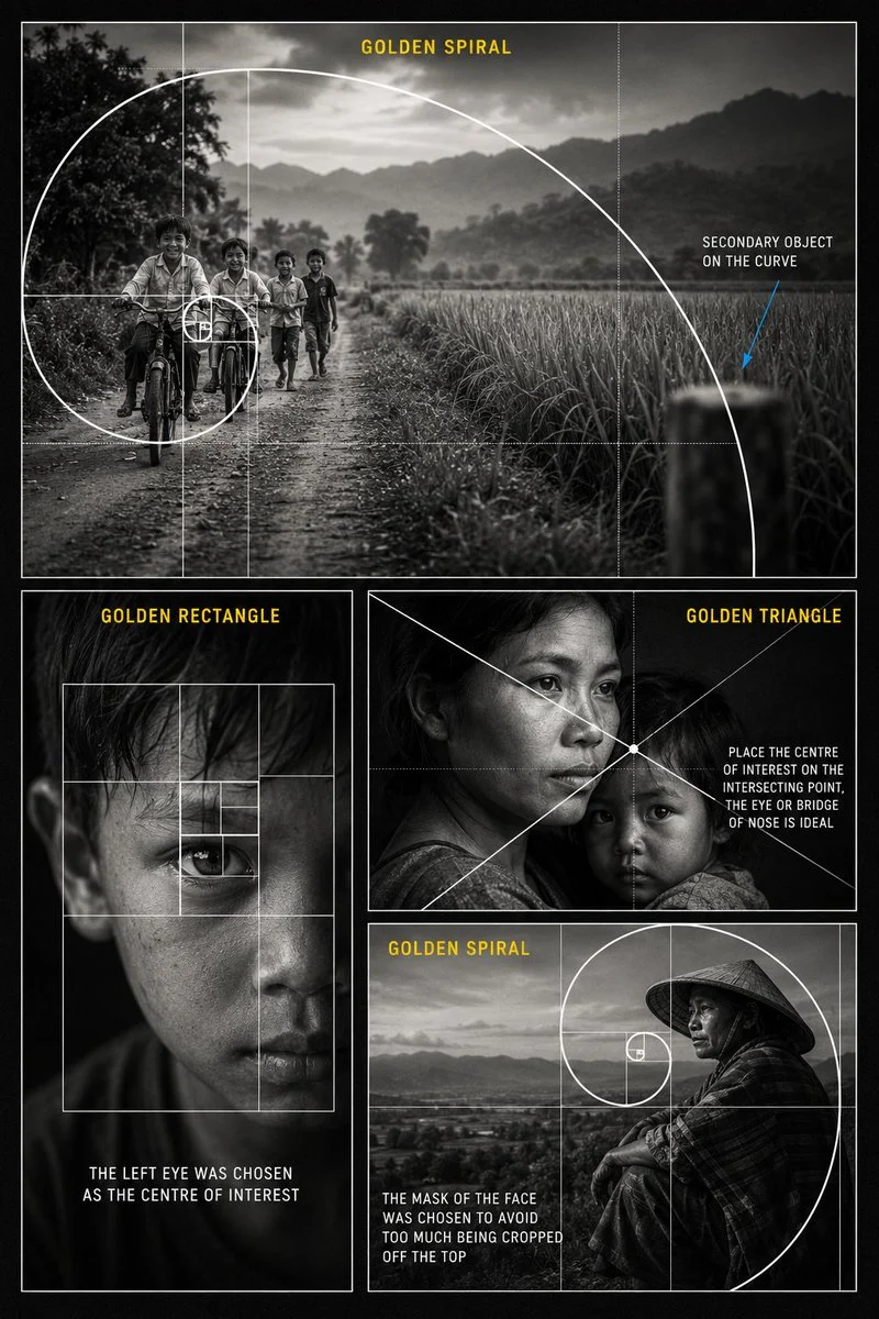 Educational photography composition poster explaining golden ratio techniques with a dark cinematic collage