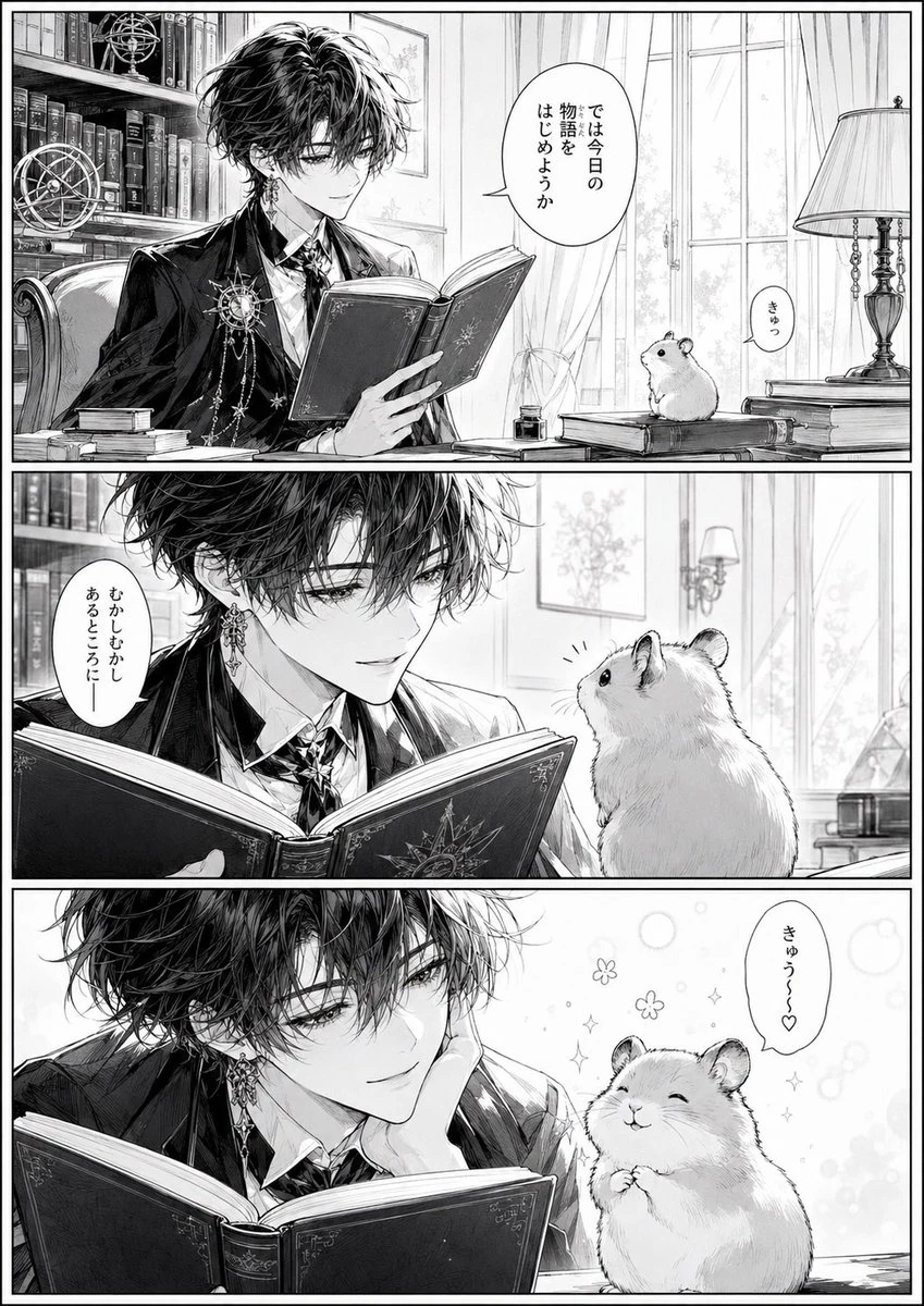 Gothic Bishounen Reads to Hamster storyboard visual