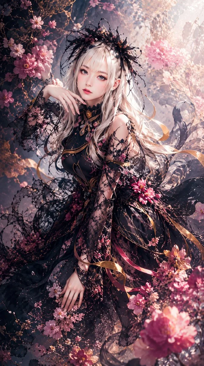 An ethereal young woman with long platinum-blonde hair sits among blooming flowers, wearing an ornate black gothic gown in a magical garden.