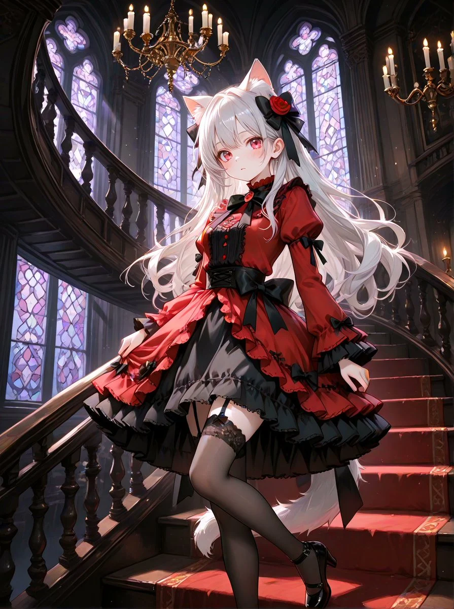 Gothic Cat-Eared Noble Girl with character-focused concept art, game-ready styling and detailed fantasy design