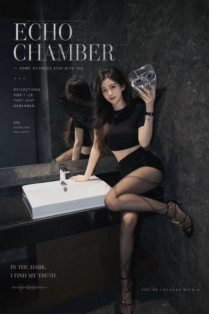 Gothic fashion magazine cover with a seated model, dark marble bathroom, mask prop and Echo Chamber text