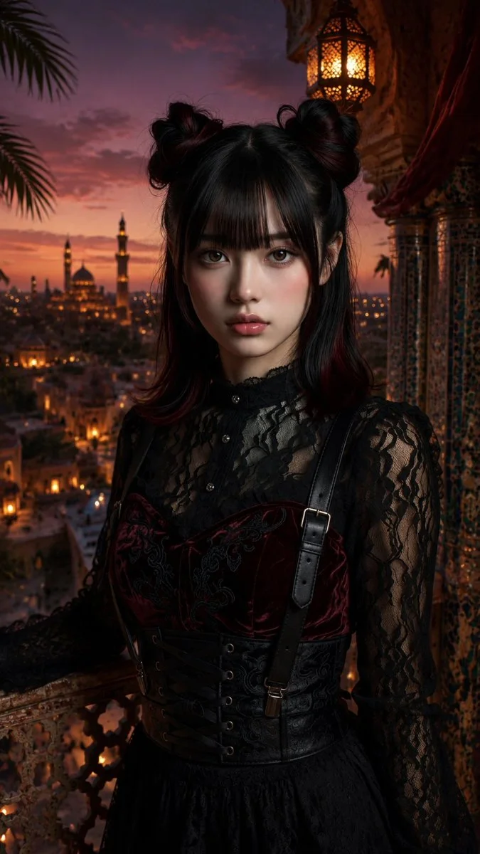 A young girl with space buns stands on an ornate balcony at sunset, wearing a dark lace blouse and burgundy corset.