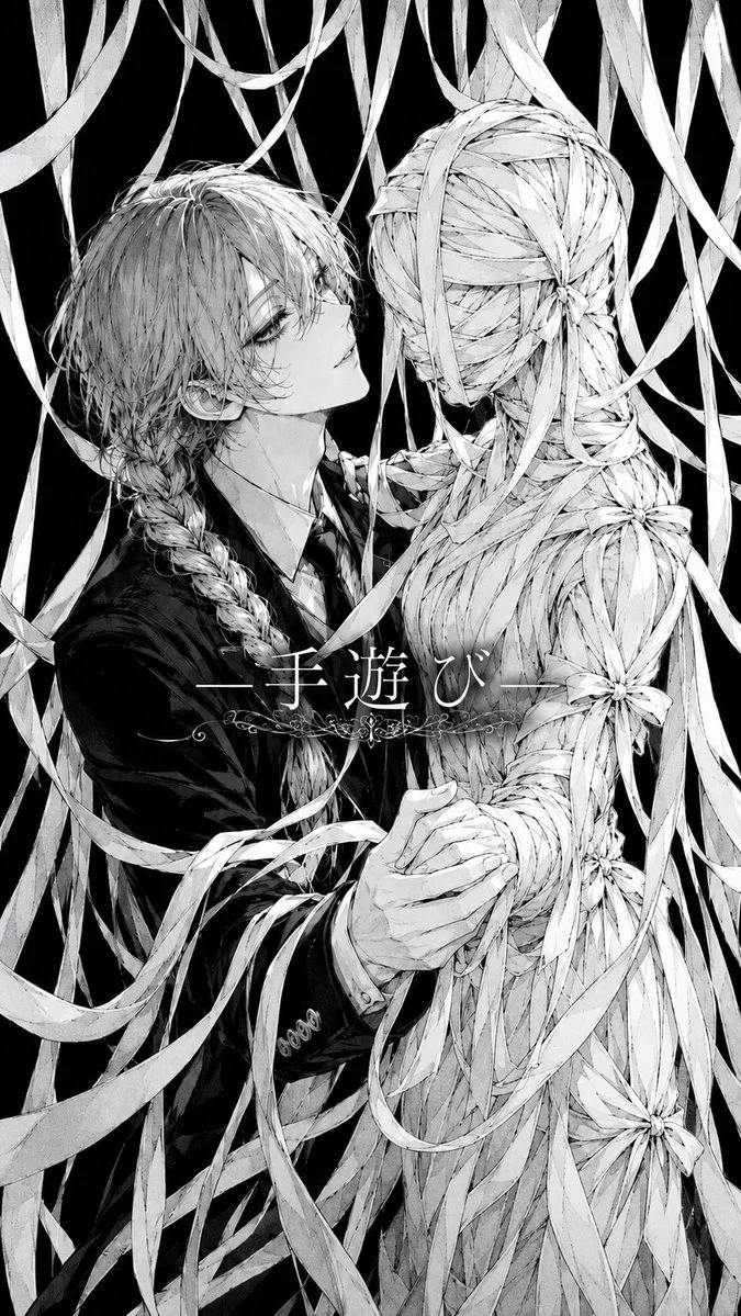 Gothic Ribbon Dance Album Cover with sequential storytelling, expressive character design and cinematic panel composition