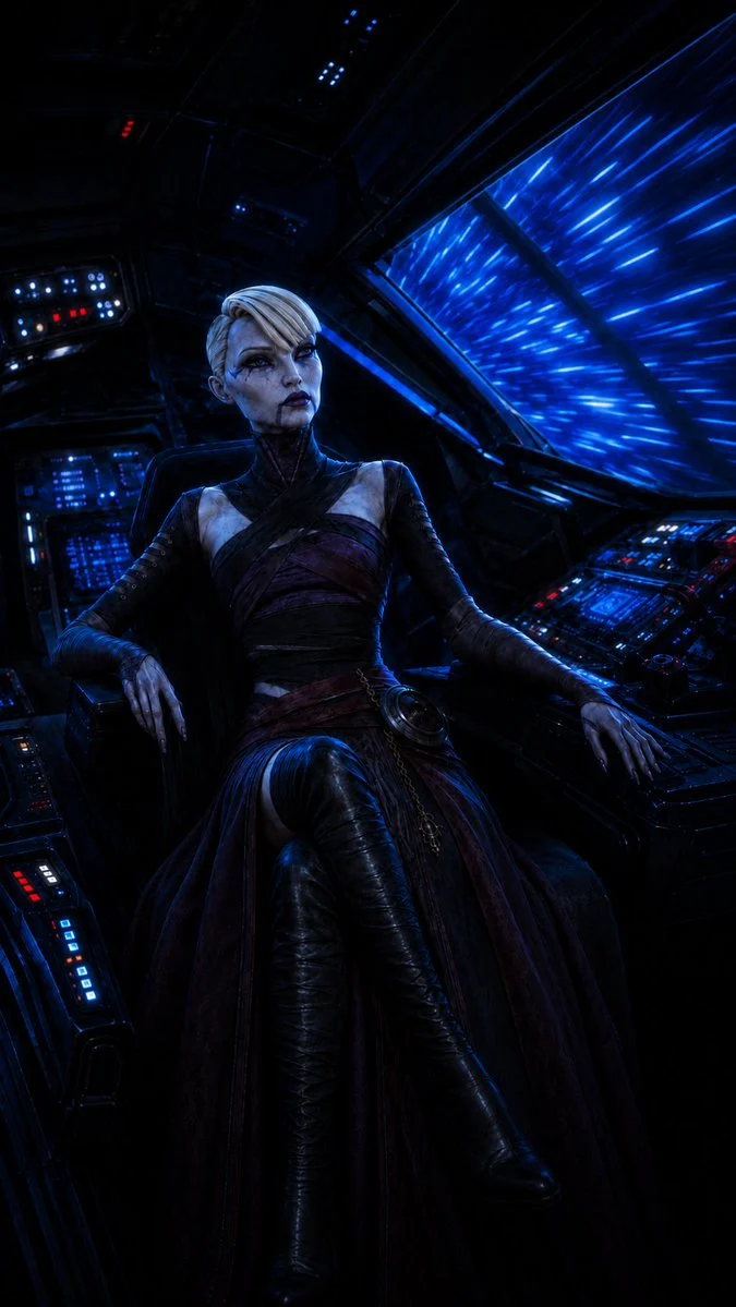 Gothic Starship Commander with sequential storytelling, expressive character design and cinematic panel composition