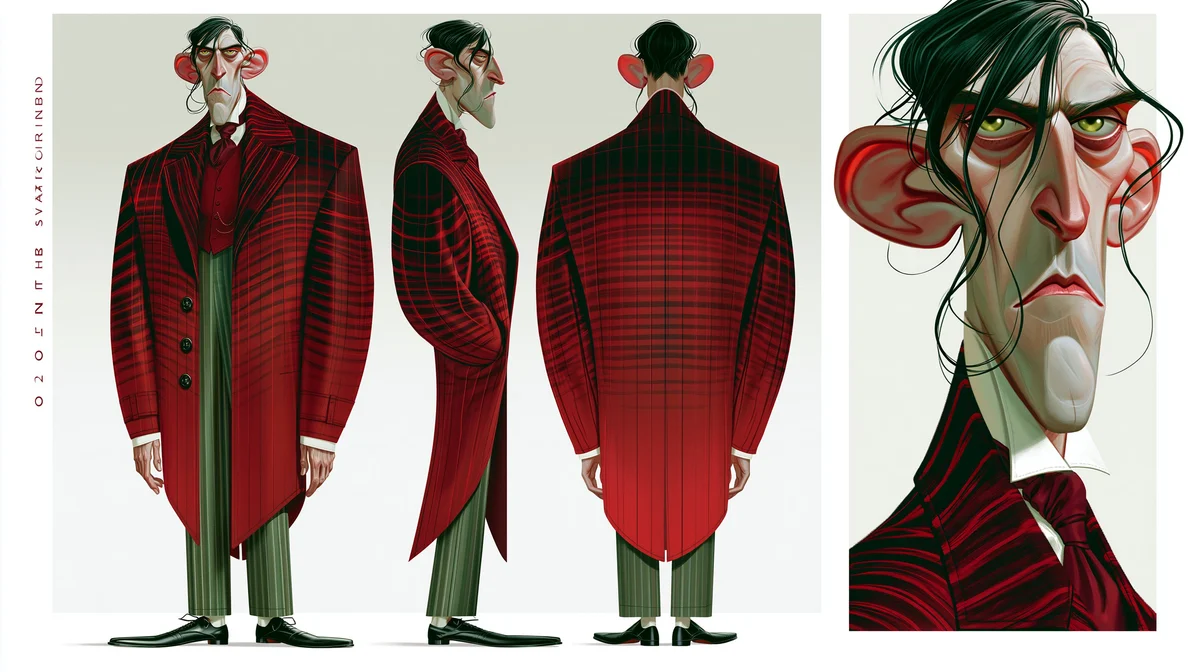Gothic Villain Character Sheet with sequential panels, clear scene planning and cinematic visual flow