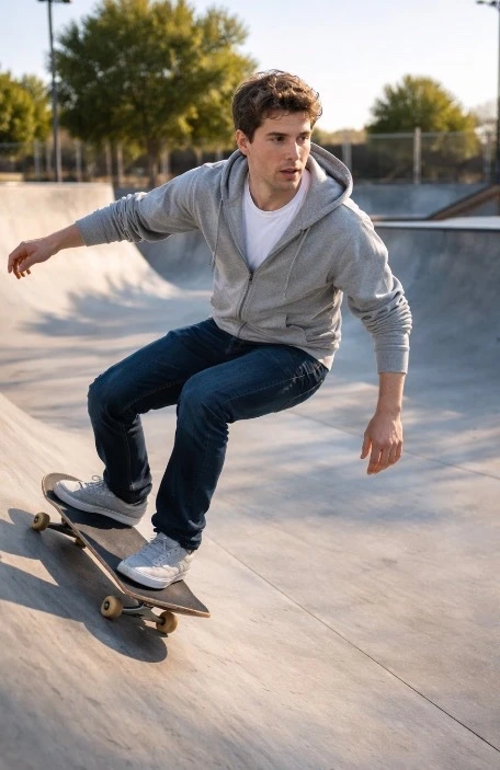 A young man in a gray hoodie skateboards down a smooth concrete ramp in a sunlit skate park, surrounded by trees