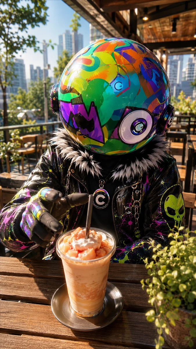 Graffiti Sphere Alien at Café portrait visual