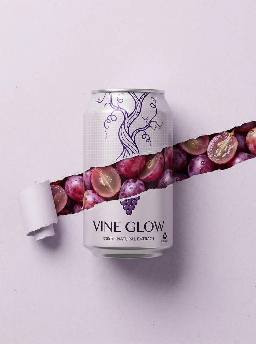 Commercial product shot of a VINE GLOW grape can with torn paper reveal exposing glossy grapes inside the packaging