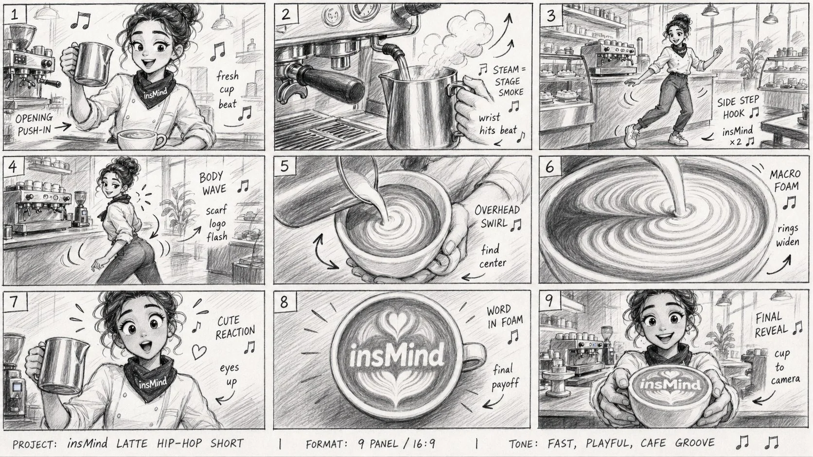 GPT Image 2 prompt example showing a graphite pencil storyboard grid for a coffee shop commercial
