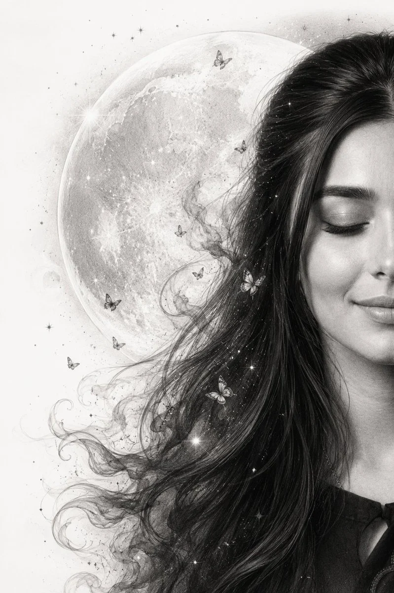 A monochrome graphite pencil portrait with a celestial half-face composition, fine shading, stars, and clean white space