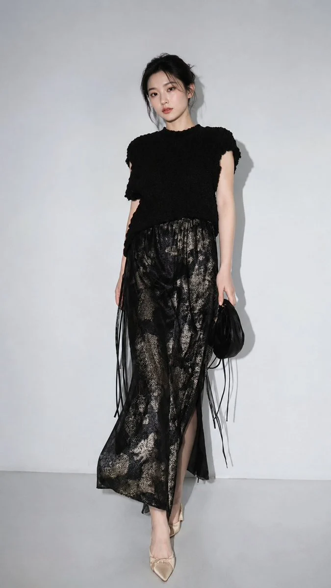 Gray Studio Fashion Portrait: A realistic studio fashion portrait of a woman in an all-black textured outfit, perfect for high-fashion editorial styles.