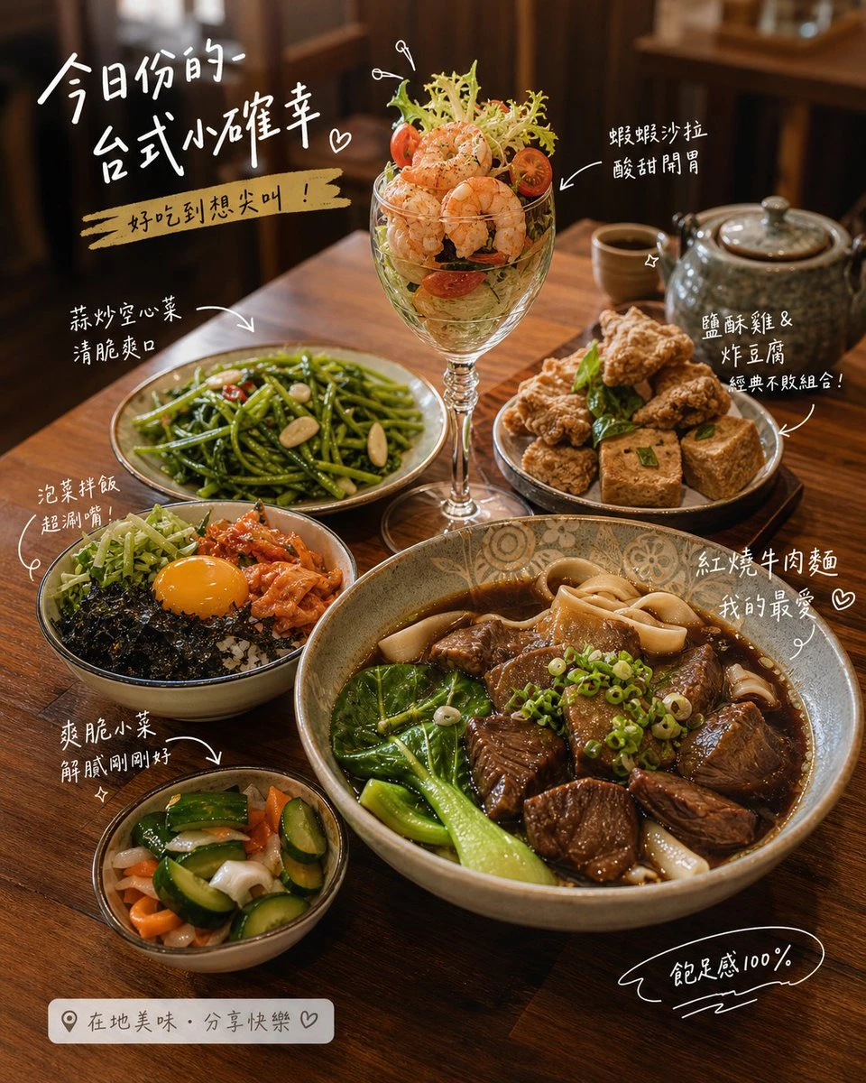 A variety of dishes including shrimp salad, green beans, beef noodles, kimchi, and pickled vegetables on a wooden table.