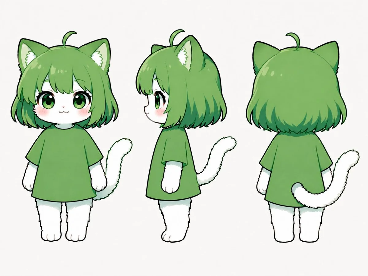 Three full-body views of a green chibi cat-girl character, showcasing front, side, and back profiles with a simple standing pose.