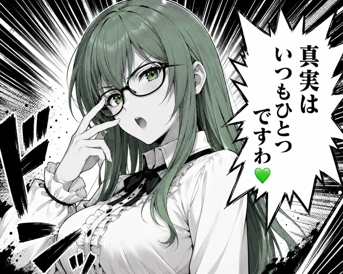 Monochrome manga close-up of a green-haired woman with glasses and a jagged speech bubble
