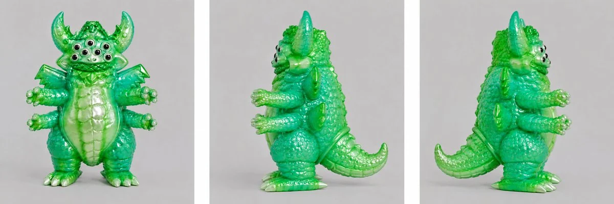 Glossy translucent green vinyl monster toy turnaround rendered as a collectible product figure