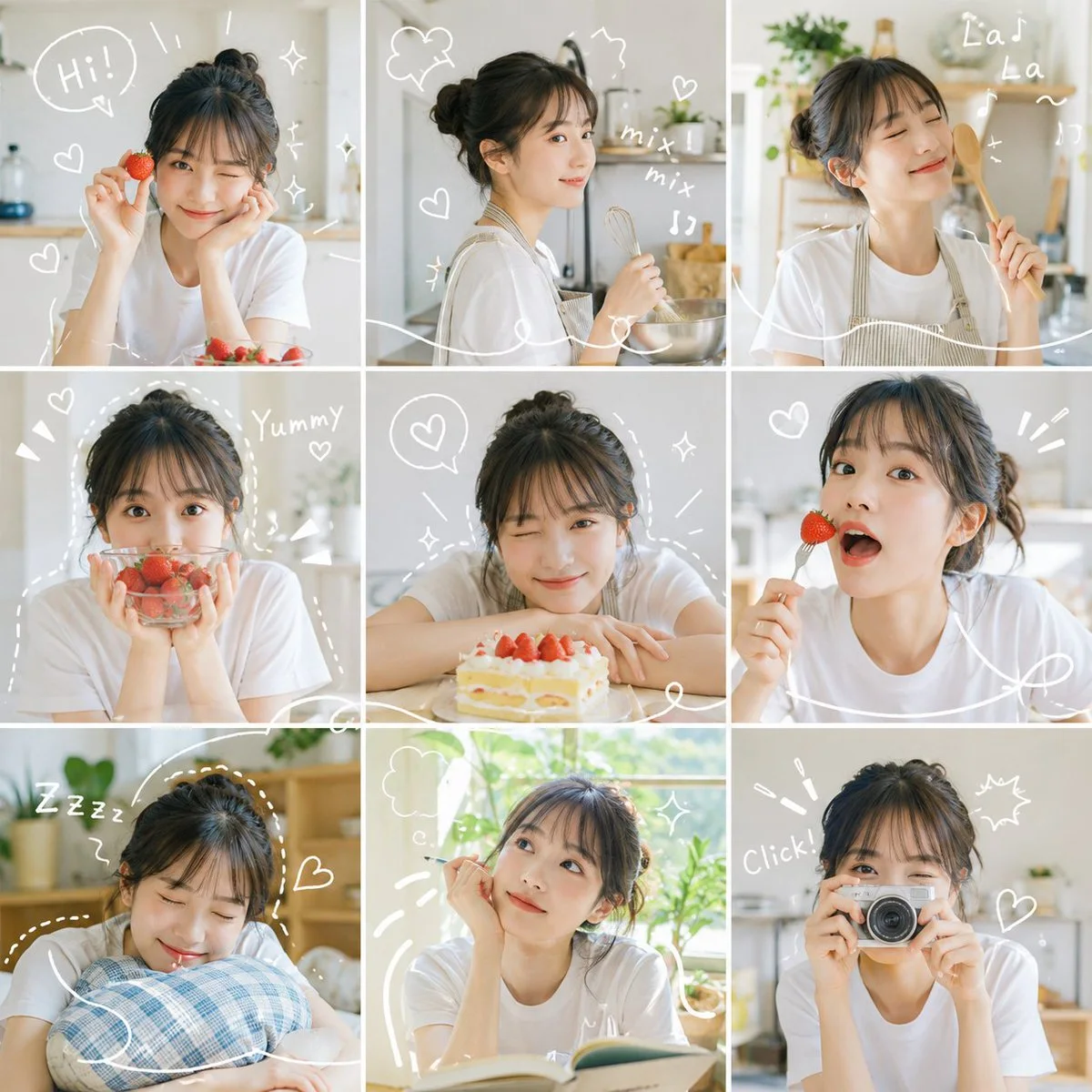A vibrant 9-grid photo collage captures a person in various joyful moments, enhanced with playful hand-drawn decorations and bright colors.
