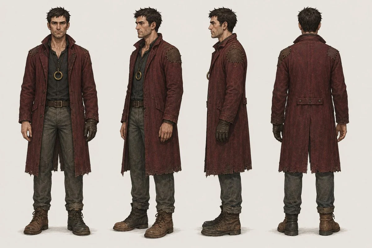 Gritty bounty hunter turnaround sheet with front and side views, costume details, and cinematic concept-art styling