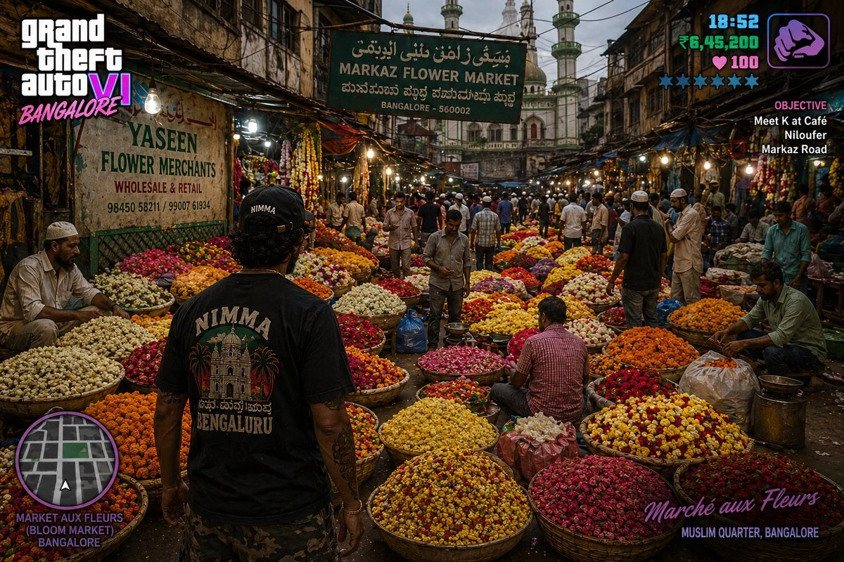 A bustling flower market in Bangalore features vibrant stalls filled with colorful blooms, with vendors and shoppers among the displays