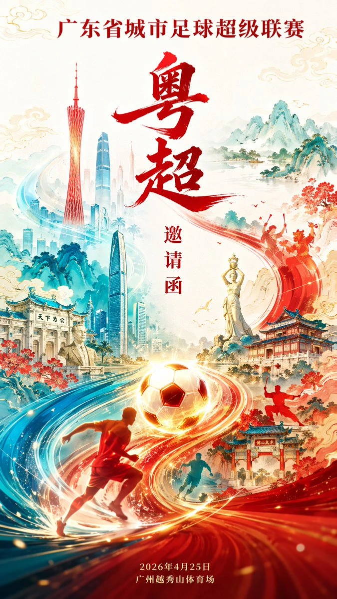 A vibrant poster for the Guangdong Super League features a glowing soccer ball amidst dynamic energy flows, showcasing iconic landmarks and cultural symbols
