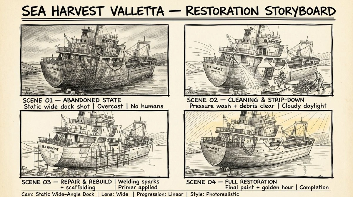Hand-drawn storyboard sheet featuring four panels illustrating the restoration of a cargo ship, with detailed sketches and handwritten scene descriptions