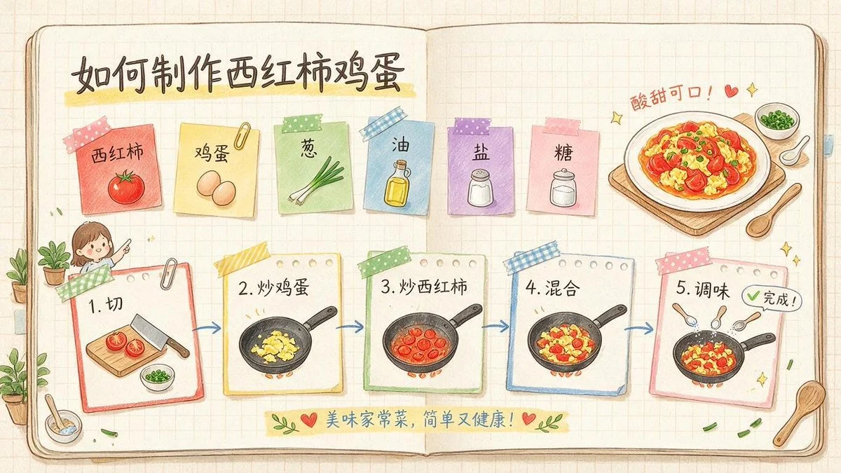 Hand-drawn infographic showing a tomato and egg recipe with illustrated cooking steps