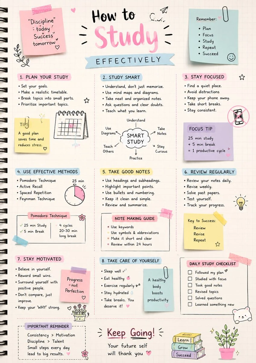 Handwritten study infographic poster featuring organized notes with pastel colors, doodles, and structured tips for effective studying