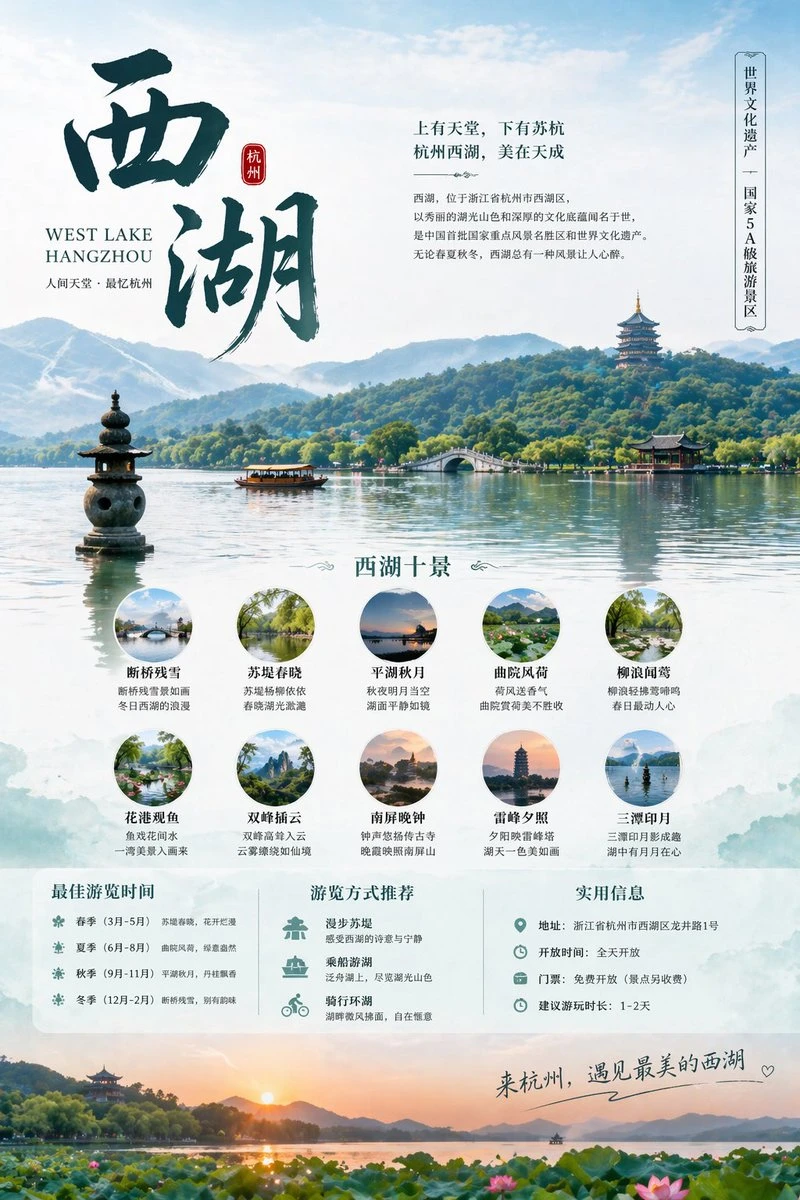 A travel poster for Hangzhou's West Lake features serene water views, lush mountains, and highlights of scenic spots and visitor information