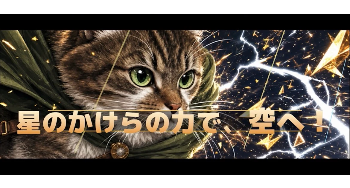 Heroic cat RPG cut-in banner with dramatic game UI styling, fantasy energy, and bold action-combat composition.