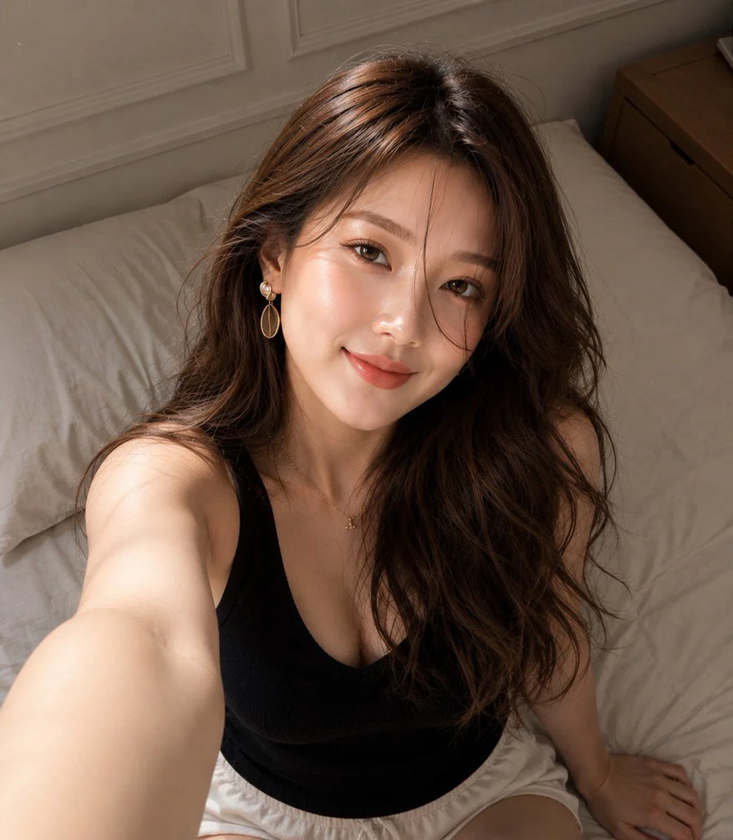 A realistic lifestyle selfie of a woman in a cozy bedroom setting, captured from a high-angle perspective with soft morning sunlight