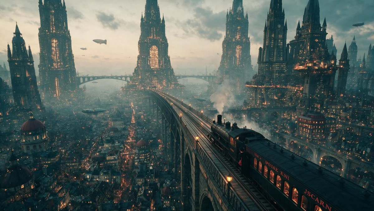 High-angle view of a steampunk city with a train winding through brass architecture