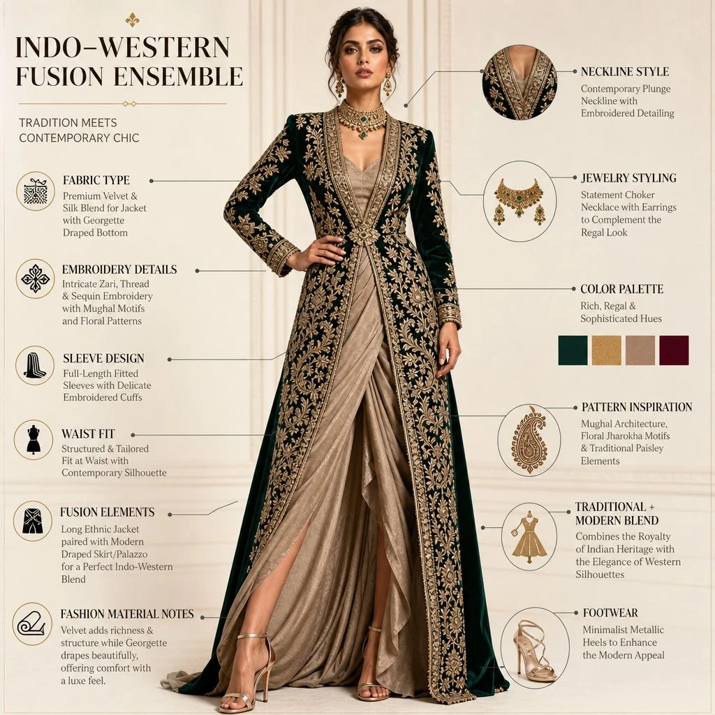 A female model showcases an Indo-Western fusion outfit with detailed fashion annotations.
