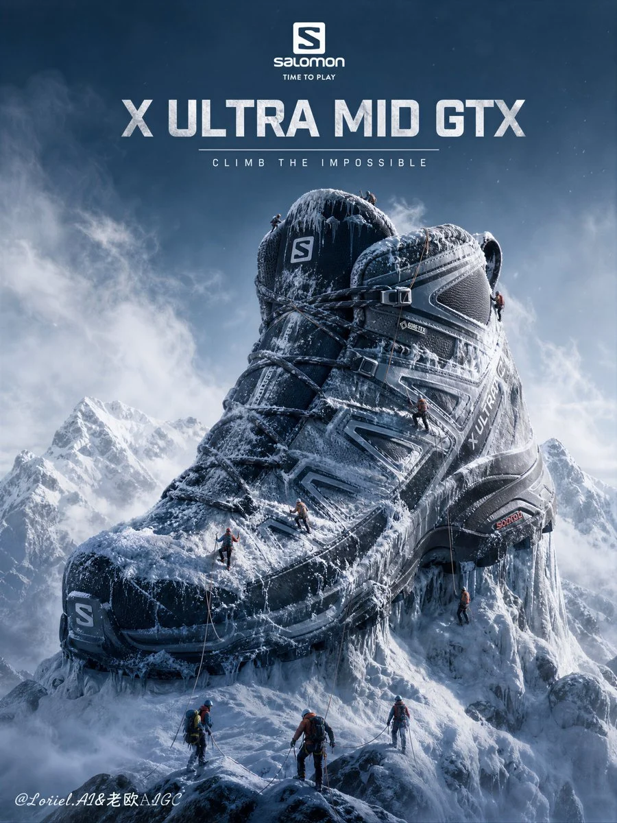 Hiking Boot Mountain Landscape Poster: A surreal advertising prompt that reimagines a technical hiking boot as a massive, snow-covered mountain peak...